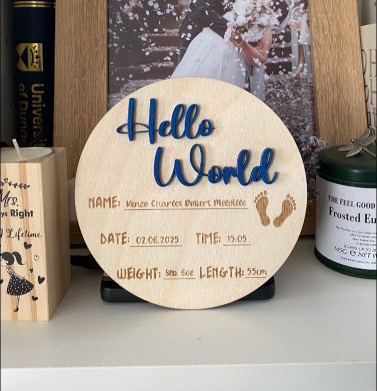Personalised “Hello World” New Baby Birth Announcement Plaque
