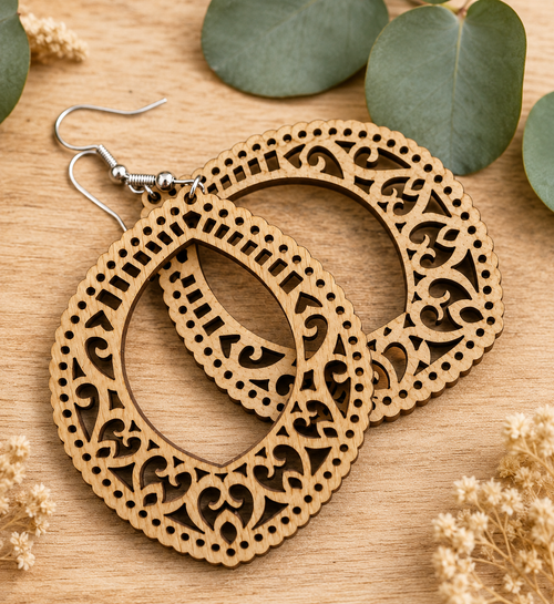Ornate Teardrop Laser-Cut Wooden Earrings