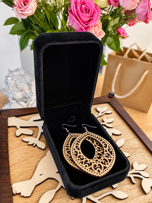 Ornate Teardrop Laser-Cut Wooden Earrings