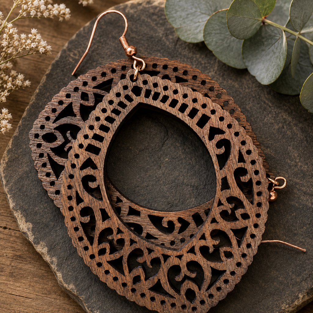 Ornate Teardrop Laser-Cut Wooden Earrings