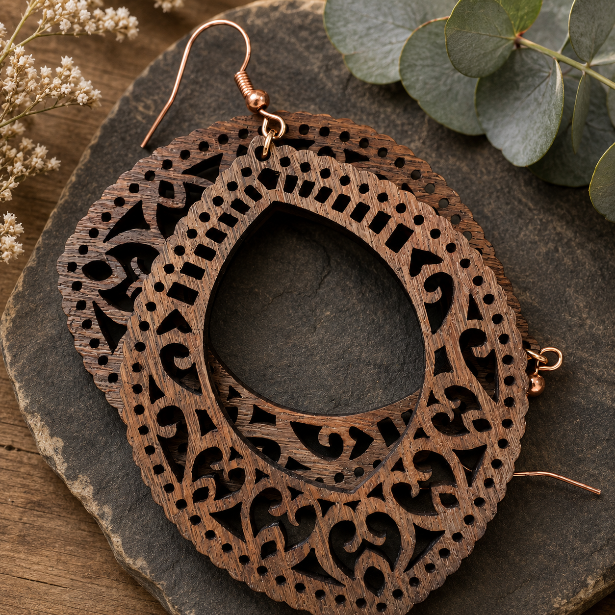 Ornate Teardrop Laser-Cut Wooden Earrings
